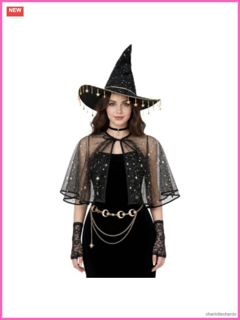5-Piece Moon Witch Costume Accessory Set Hat Cape Choker Gloves Waist Chain